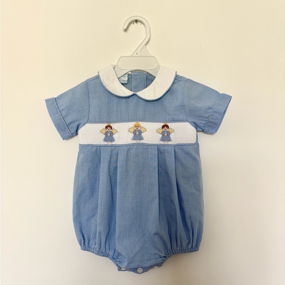 Petit Bebe Blue Smocked Angel Bubble | 6M